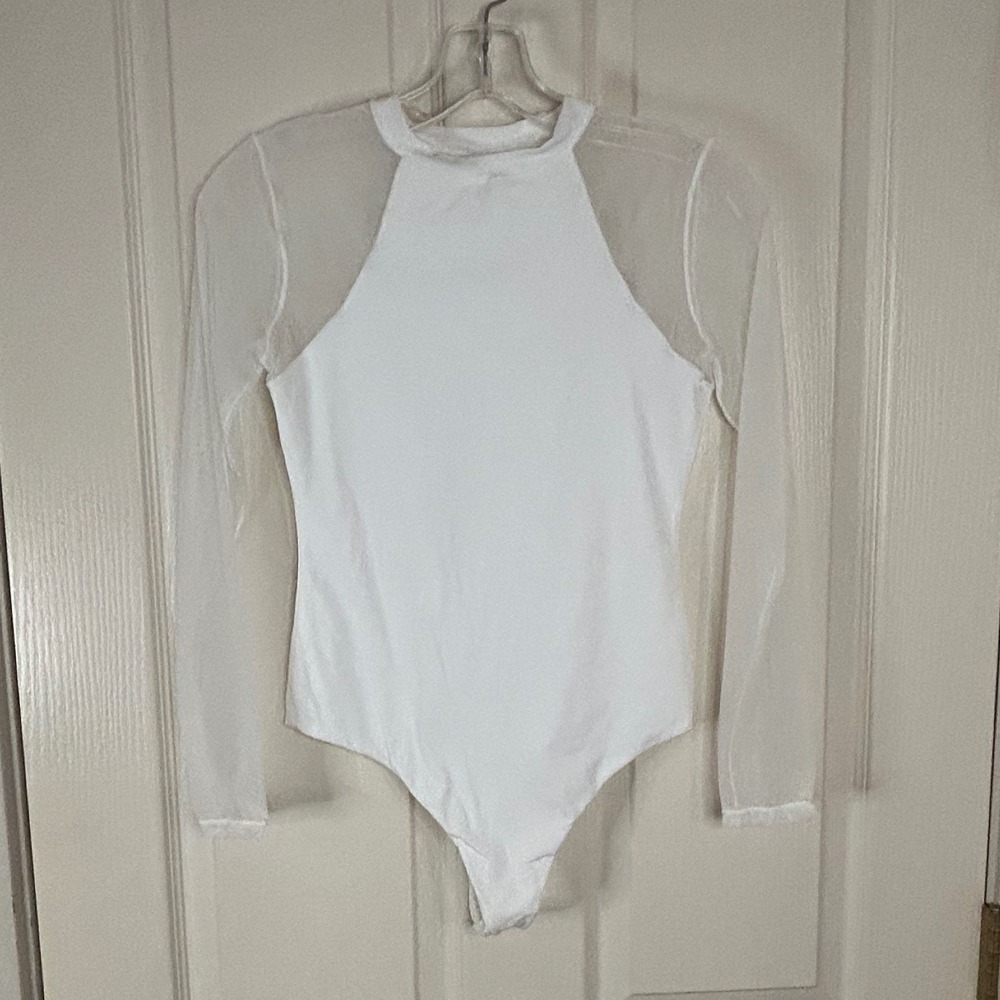 White Bodysuit Sheer Mesh Long Sleeve Mock Neck Top Womens size small